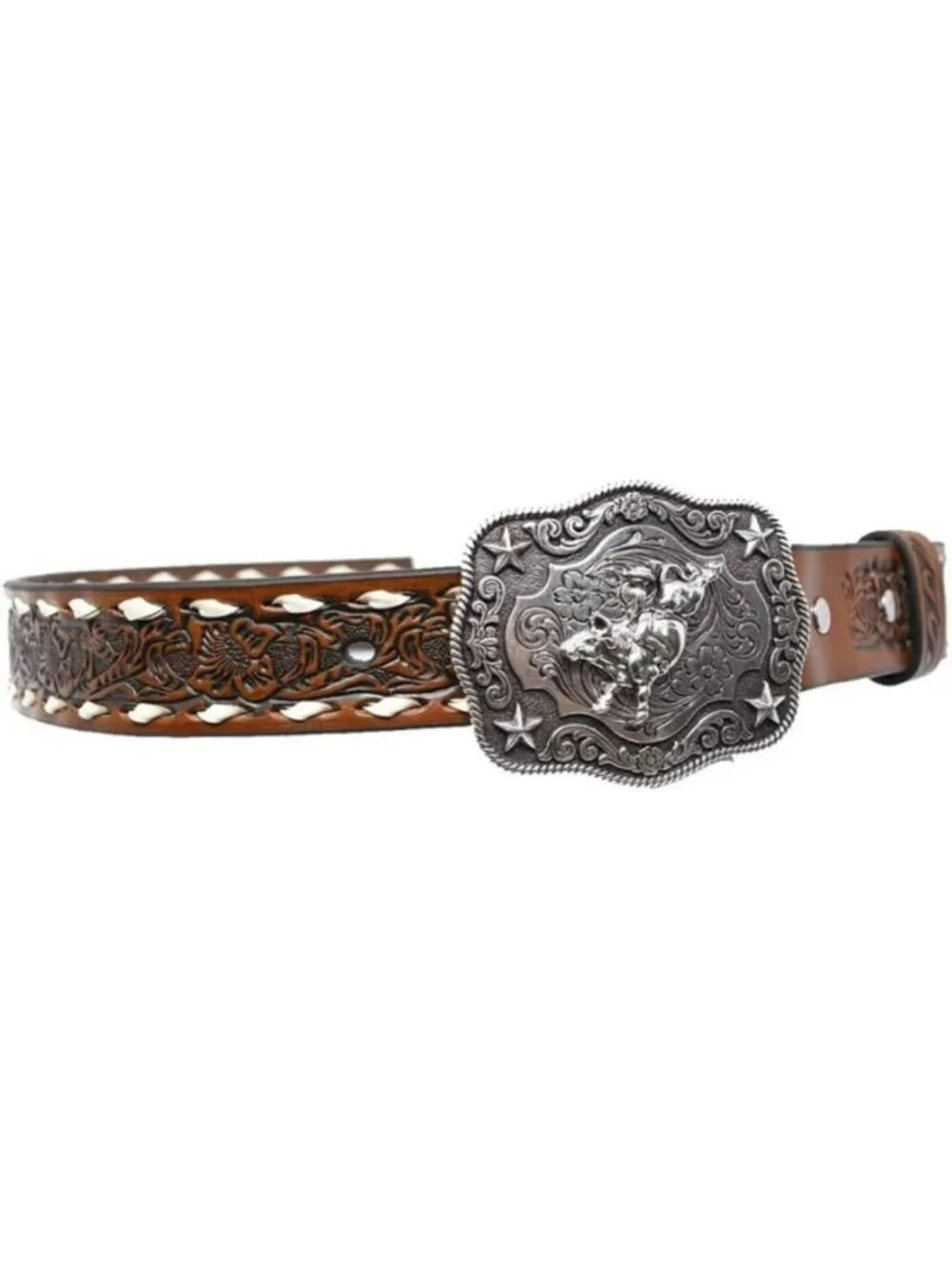 Boys' Brown Floral Tooled Western Boots with Buckstitching & Stylish Buckle